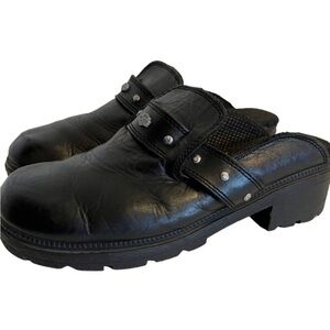 Harley Davidson Black Leather Platform Lug Sole Slide Clogs Size 7
